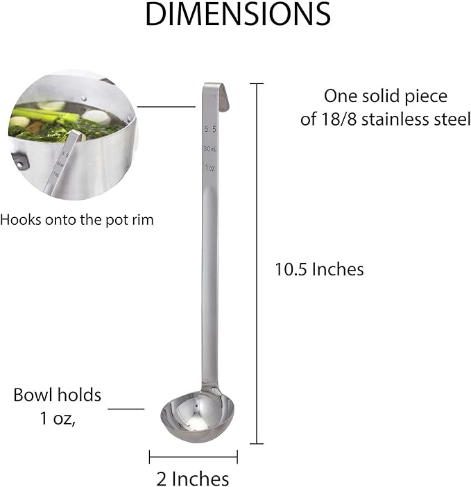 HIC Kitchen Single-Piece Stainless Steel Ladle, 18/8 Stainless Steel, 1-Ounce Capacity