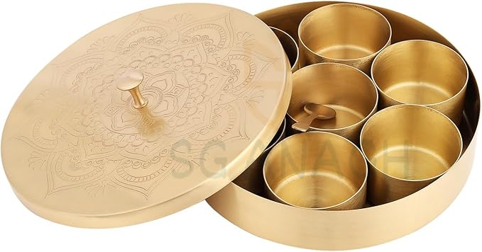 Brass Round Spice Box Masala Dabba-Spice Box Set With Spoon Container 90 ML Indian Masaladanni for Kitchen Counter 8 Inch With Spoon (Floral, 8 Inch (Medium Family)