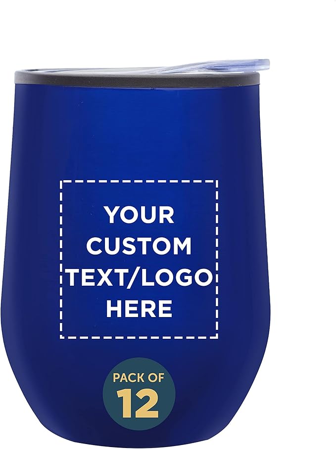 Custom Stemless Wine Tumblers 12 oz. Set of 12, Personalized Bulk Pack - Insulated, Perfect for Wine, Cocktails, Other Hot & Cold Beverages - Blue