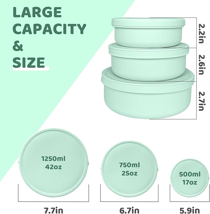 Silicone Food Storage Containers Bowl, Set of 3 Reusable Silicone Bento Lunch Box Containers with Lids (17oz, 25oz, 42oz) Dishwasher, Microwave and Freezer Safe Mint Green