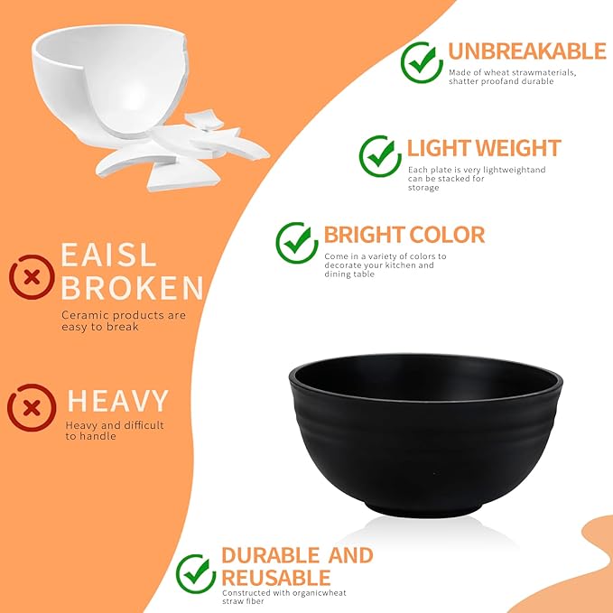 Lazycorner 12 Pcs Wheat Straw Cereal Bowls 26 Oz Wheat Straw Bowls Set Reusable Plastic Bowls for Soup Microwave & Dishwasher Safe Soup and Salad Bowls