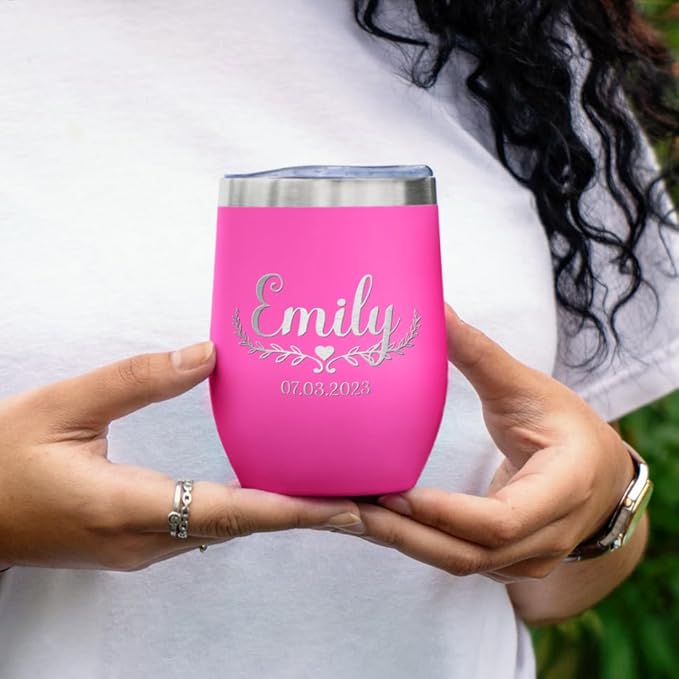 Gifts Inscribed Personalized Wine Tumbler with Lid – Pink Custom Engraved Stainless Steel Insulated Mug for Hot & Cold Drinks – Customized Bridesmaid, Wedding, or Birthday Gift