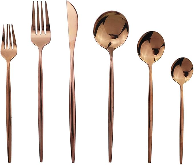 JASHII Silverware Set, Mirror Polished Copper Flatware Cutlery Set Service for 6, Shiny Finish 36 Pieces Stainless Steel Utensils Set Dinner Knife Fork Spoon Dessert Fork Salad Spoon Dishwasher Safe