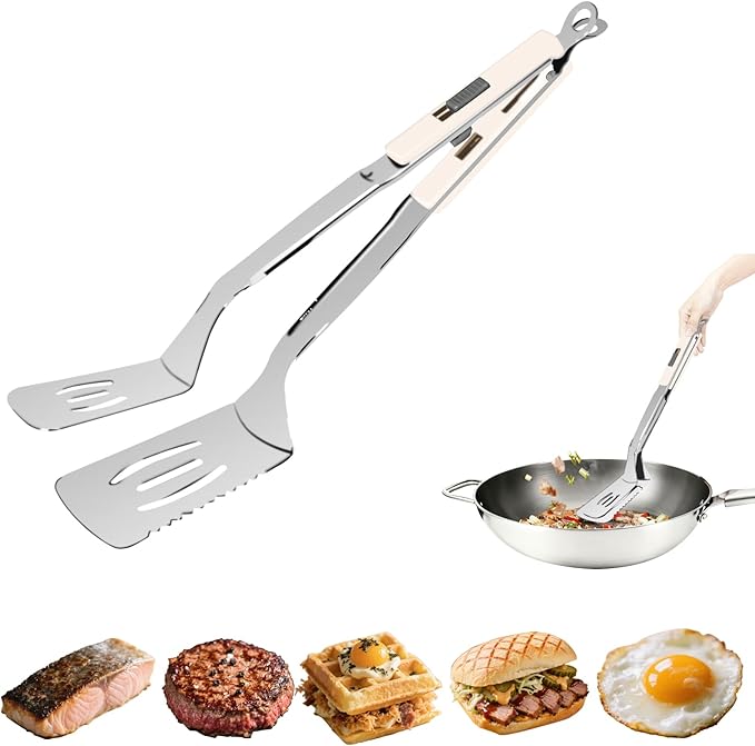 13.5-inch Stainless Steel Tongs for Cooking – Versatile Metal Spatula Tongs for Flipping, Picking Up, Cutting, and Stir-Frying Meats and Other Foods. Kitchen Tongs Durable and Multifunctional.(White)