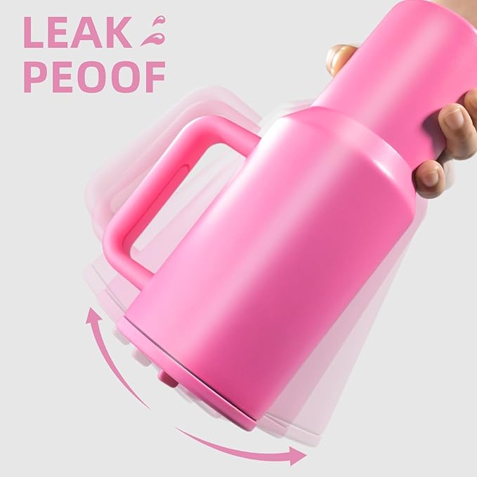 40 oz Insulated Tumbler with Handle,Flip Straw,Lid & Rubber Base Stainless Steel Water Bottle - Leak Proof Vacuum Insulated Mug BPA Free Reusable Travel Cup Gifts for Women/Men (bright pink)