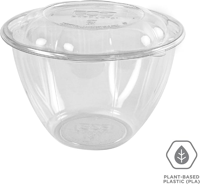 Eco-Products Compostable 48oz Clear PLA Plastic Large Salad Bowl With Lid, Case of 150, Grab 'n' Go Round Cold Takeout Food Containers, Renewable Plant-Based, Disposable, ASTM Compliant, BPI-Certified