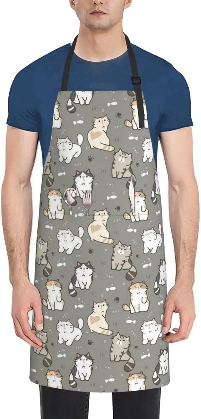 Cute Cat Apron Adjustable with 2 Pockets Cooking Kitchen Aprons for Men Women Outdoors Baking Chef Apron