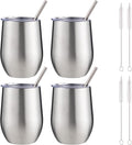 12 oz Insulated Wine Tumbler with Lid and Straw,Stainless Steel Stemless Wine Tumbler Glasses Double Wall Vacuum Wine Cups Tumbler Bulk for Coffee,Cocktail,Office(Silver,4)
