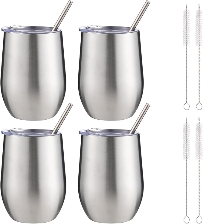 12 oz Insulated Wine Tumbler with Lid and Straw,Stainless Steel Stemless Wine Tumbler Glasses Double Wall Vacuum Wine Cups Tumbler Bulk for Coffee,Cocktail,Office(Silver,4)