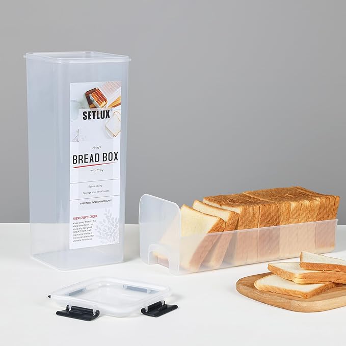 Bread Storage Container with Tray, Plastic Bread Box with Airtight Lid, Bread Keeper for Homemade Bread, Toast, Bagel, Donut(black)