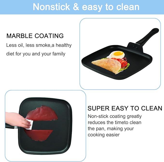10 Inch Square Griddle Pan - Nonstick Flat Skillet, Cast aluminum, Grill Pan for Cooking Stove Top Omelette Steak Stir Fry, Comales para Tortillas with Cool Touch Handle, PFOA Free