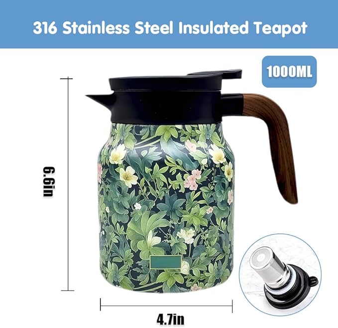Vintage Floral Pattern Tea Pots – Built-in Infuser,Vintage Floral Teapot with Built In Infuser Stainless Steel Thermal Carafe with Lid for Hot Drinks,Blue(Wooden handle,35oz)