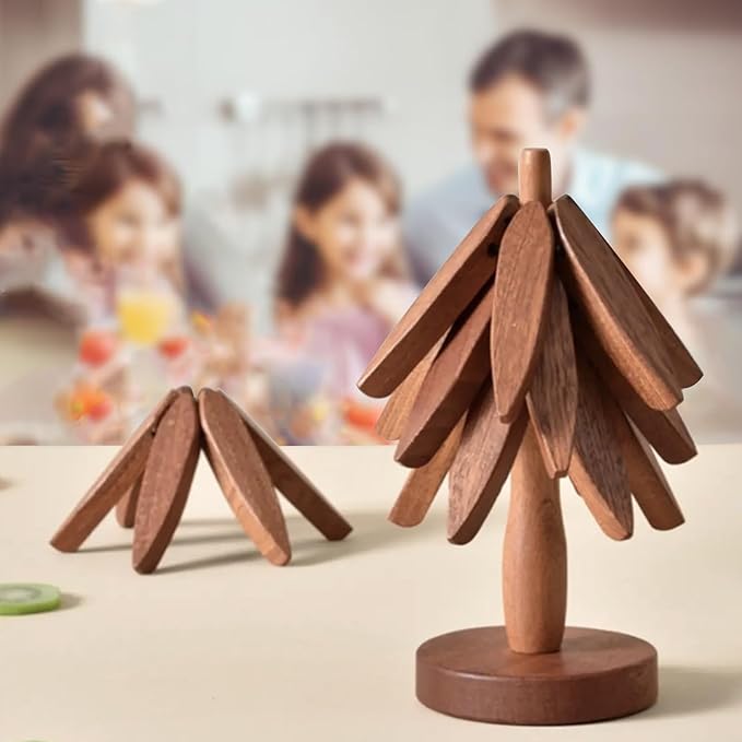 Wooden Tree Coasters, Trivets for Hot Dishes, Trivets for Hot Pots and Pans, Wooden Tree Trivet Set - 3 or 4 Wooden Trivet + 1 Stand, Christmas Coasters (Walnut,4pcs-A)