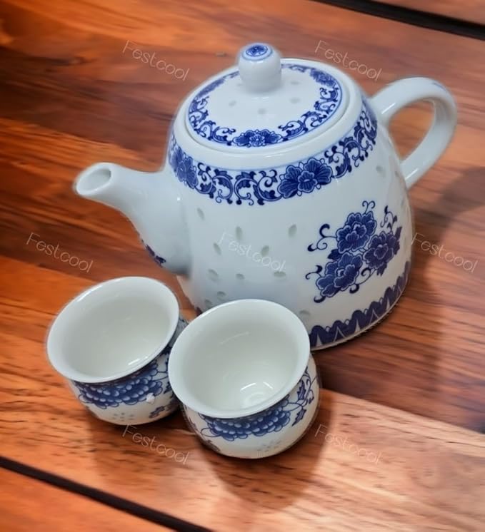 Large Teapot Blue and White Porcelain Tea Pot 6 Cup Store 56 Ounce China, Coffee Pot