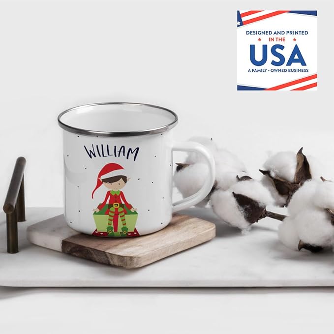 Andaz Press Personalized Name 11oz. Kids Christmas Hot Chocolate Stainless Steel Campfire Coffee Mug, Red Boy Xmas Elf Seated, 1-Pack, Custom Birthday Xmas Cup Christmas Hot Chocolate Mug