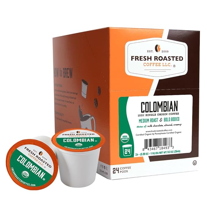Fresh Roasted Coffee, Organic Colombian | USDA Organic, 100% Single Origin, Kosher | Medium Roast 24 Pods for K Cup Brewers