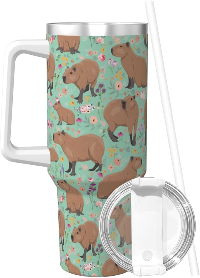 Capybara Gifts Capybara Tumbler Cute Cup Water Bottle for Girls, Teens, Women, Men Stainless Steel Vacuum Insulated 40oz Tumbler with Lid and Straw for Water, Iced Tea or Coffee, Green