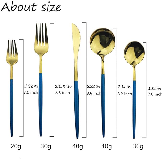Blue Gold Silverware Set, JASHII 30-Piece Stainless Steel Satin Finish Flatware Set, Kitchen Utensil Set, Mirror Polished Tableware Cutlery Set for Home and Restaurant, Dishwasher Safe