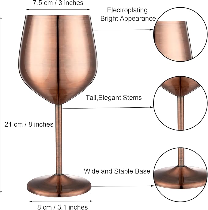 Stainless Steel Wine Glasses Set of 4 Unbreakable Wine Glass 18 oz Unique Metal Wine Goblets for Outdoor, Travel, Camping, Pool, Ideal Gift for Wine Lovers (Red Copper)