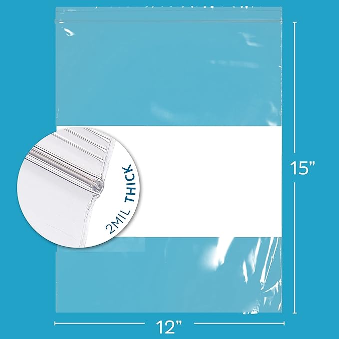 12" x 15" Large Zip Bags, 2 Mil Thick Clear Plastic Reclosable Zipper Lock Bags with Write-on White Block, with Resealable Zip Top Lock for Food Storage & Office Supplies, 200 Count