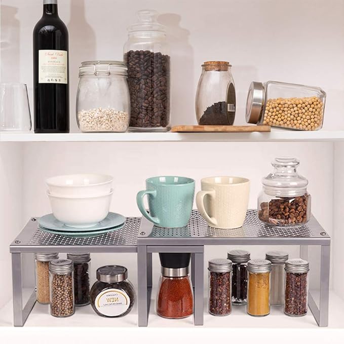 NEX Kitchen Shelf Organizer for Counter Cupboard Pantry, Set of 2 Cabinet Shelf Organizer Spice Rack, Stackable, Metal, Silver