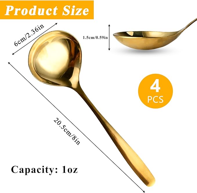 4 Piece 1 oz Gold Small Ladle, 8 Inch 304 Stainless Steel Soup Ladle for Serving, Gravy Spoon for Sauces, Dishwasher Safe