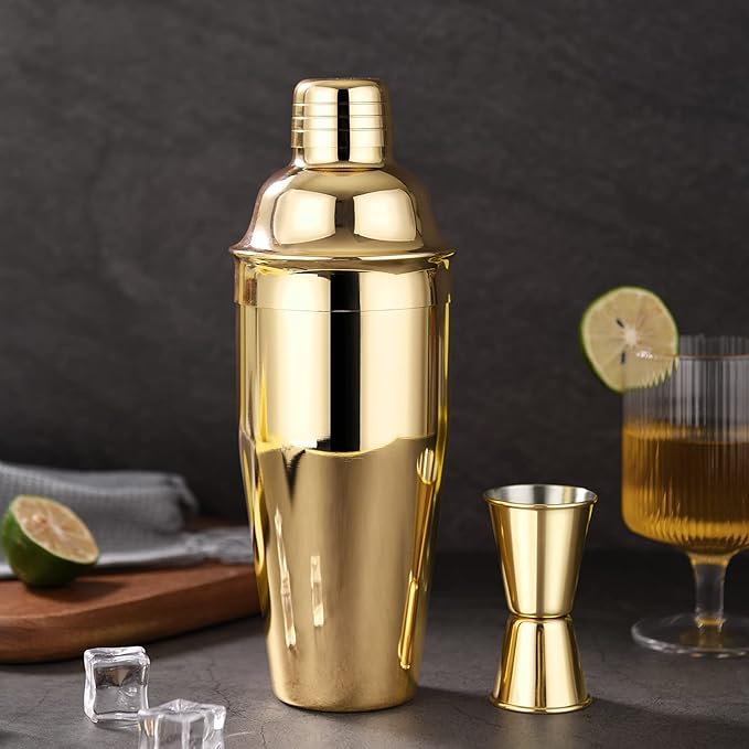 Cocktail Shaker with Double Measuring Jigger,18/8 Stainless Steel 24oz Martini Shaker Set,Drink Shaker Built-in Strainer,Bartender Kit. (Gold)