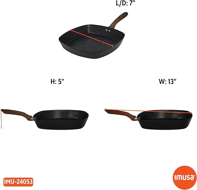 IMUSA 11-Inch PFAS Free Ceramic NonStick Grill Pan, Aluminum Griddle Pan with Cool-Touch WoodLook Handle, Large Cooking Surface for Burgers, Steaks, Vegetables, Sandwiches & BBQ