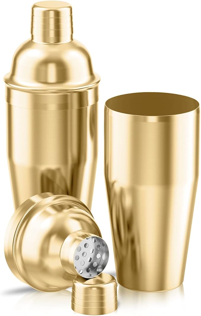 Cocktail Shaker with Double Measuring Jigger,18/8 Stainless Steel 24oz Martini Shaker Set,Drink Shaker Built-in Strainer,Bartender Kit. (Gold)