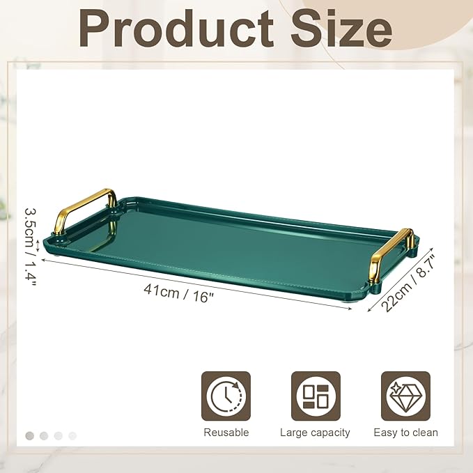 uxcell Plastic Serving Tray with Golden Handle, 16 x 8.7 Modern Rectangular Decorative Tray Acrylic Reusable Tea Platter for Countertop Bathroom Kitchen Home Restaurant, Dark Green