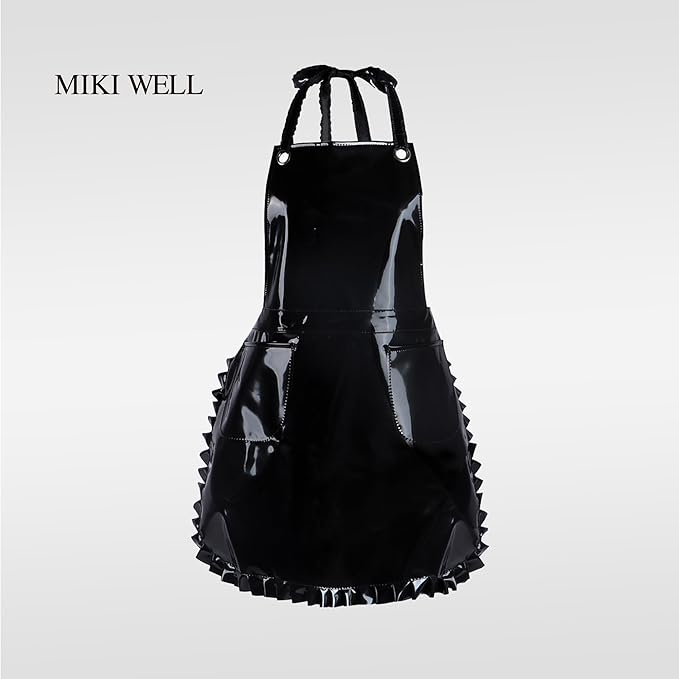 Glossy Cute Ruffled Apron, Lace-Up Model with Two Pockets, Vinyl Apron for Artists and Barbers, Waterproof