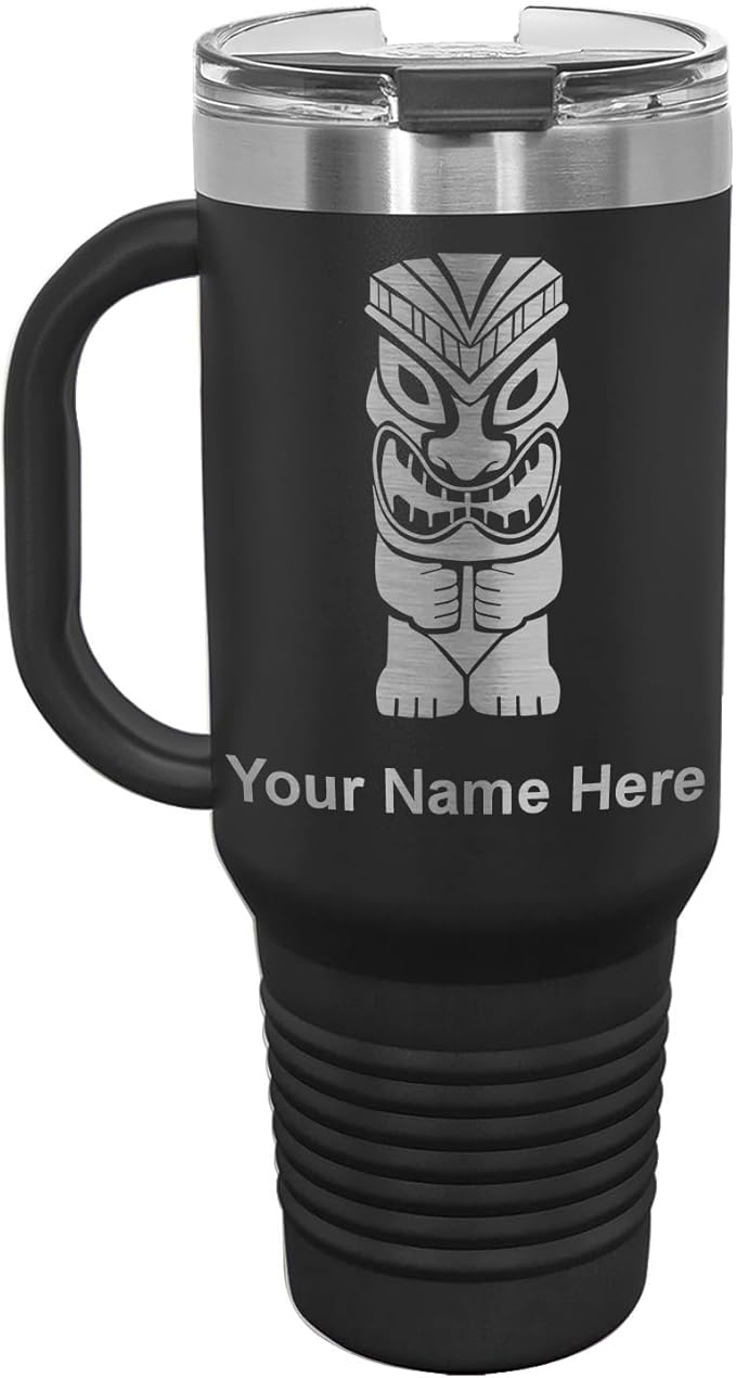 LaserGram 40oz Vacuum Insulated Travel Mug with Handle, Tiki Statue, Personalized Engraving Included (Black)