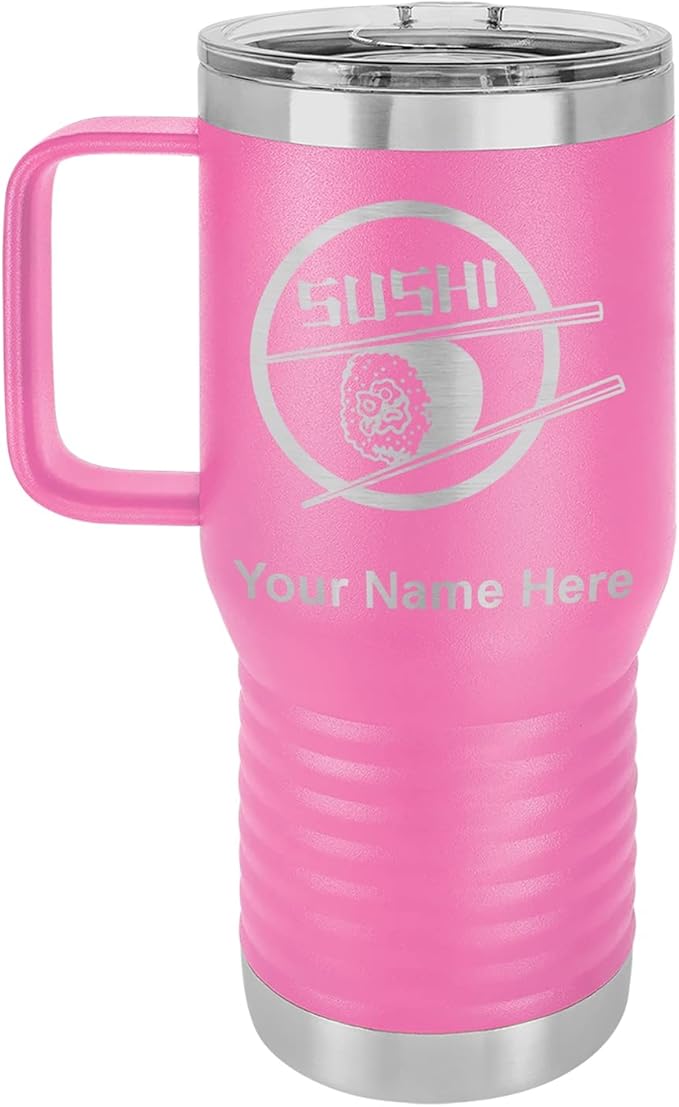 LaserGram 20oz Vacuum Insulated Travel Mug with Handle, Sushi, Personalized Engraving Included (Pink)