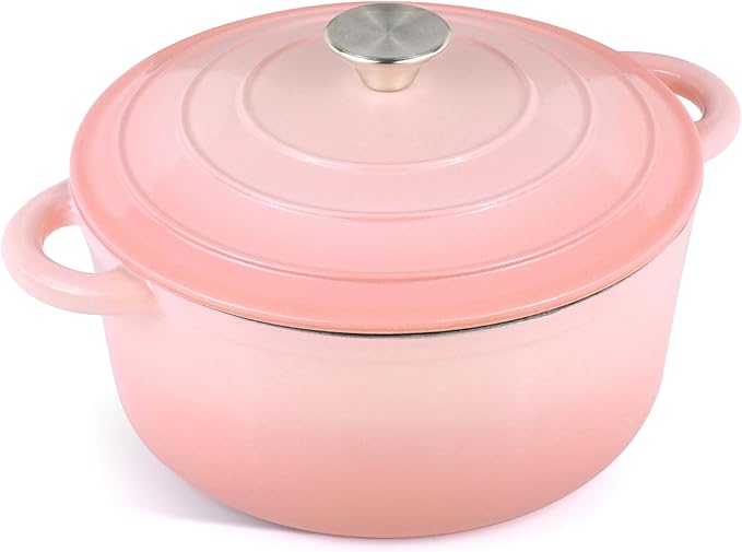6 Quart Enameled Cast Iron Dutch Oven Pot with Lid, Oven Safe up to 500°F or on Stovetop, Non-stick Dutch Oven for Bread Baking, Cooking, Dual Handles Cookware, Pink