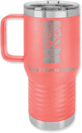 LaserGram 20oz Vacuum Insulated Travel Mug with Handle, Tiki Statue, Personalized Engraving Included (Coral)