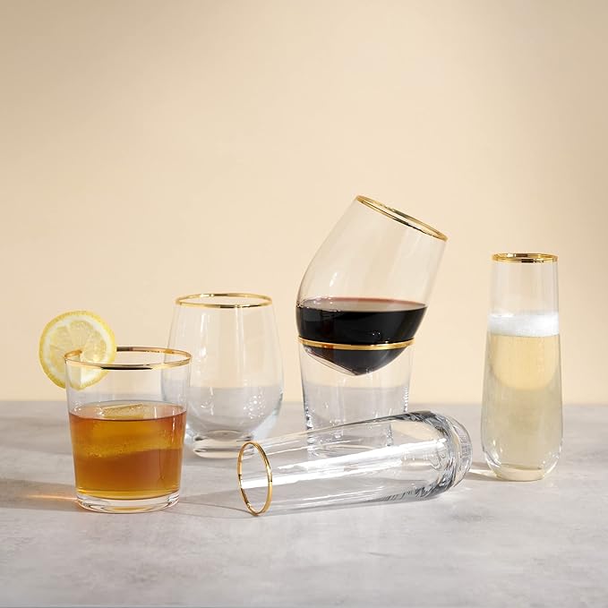 Twine Gilded Stemless Wine Glasses Set with Gold Rim, Modern Drinking Glasses for Red and White Wines, Wedding Gifts, Holiday Celebration, Elegant Glassware, Home Bar,18 oz, Set of 2