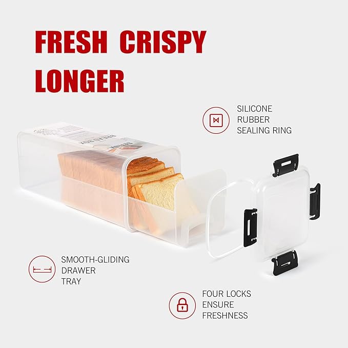 Bread Storage Container with Tray, Plastic Bread Box with Airtight Lid, Bread Keeper for Homemade Bread, Toast, Bagel, Donut(black)