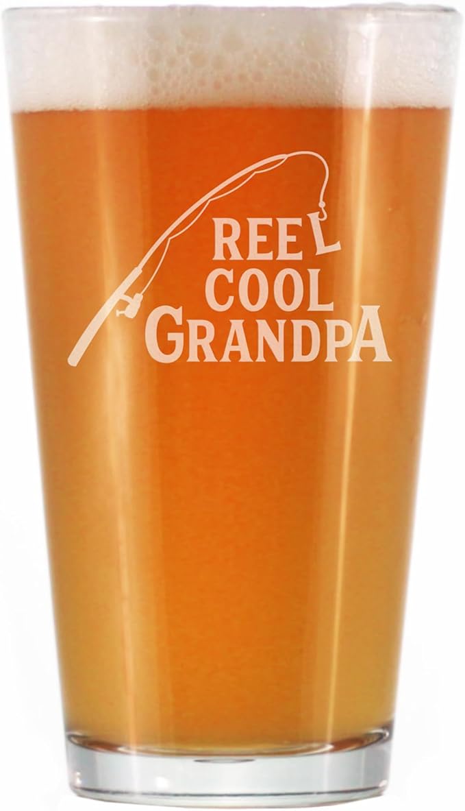 Reel Cool Grandpa - 16 oz Pint Glass for Beer - Funny Fishing Gifts for Fisherman Grandfather - Fun Fish Cups