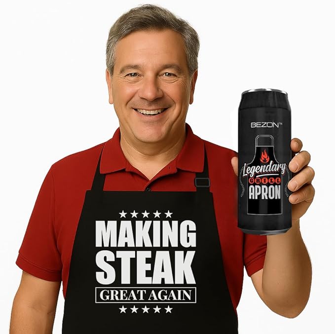 BEZON Funny Grill Apron for Men – Beer Can Gift Packaging – Hilarious BBQ Gift for Dad, Husband, or Friend – Heavy-Duty Water-Resistant Canvas – Making Steak Great Again
