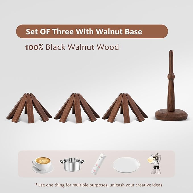 Walnut Wood Kitchen Table Decor Foldable Walnut Wooden Trivet Set 3 Tree Shape Trivets and Stand Heat Resistant Wooden Hot Pads for Hot Dishes Pots Pans Bowls Teapots