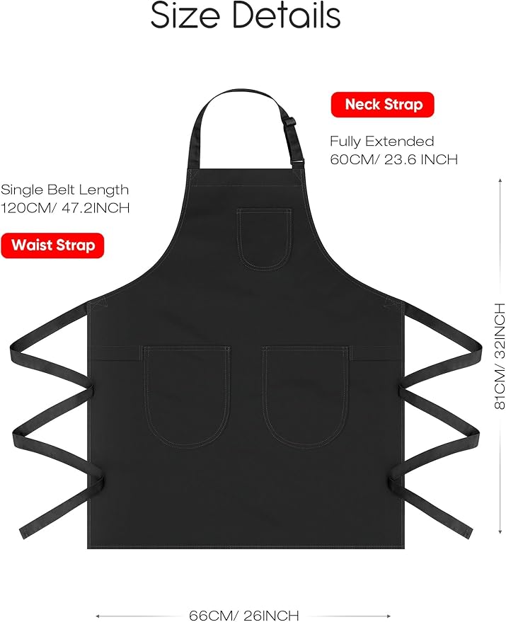 Unisex Apron with Pockets for Cooking, Salon & Art - 100% Cotton Adult Kitchen, Chef, Stylist Apron (Black)