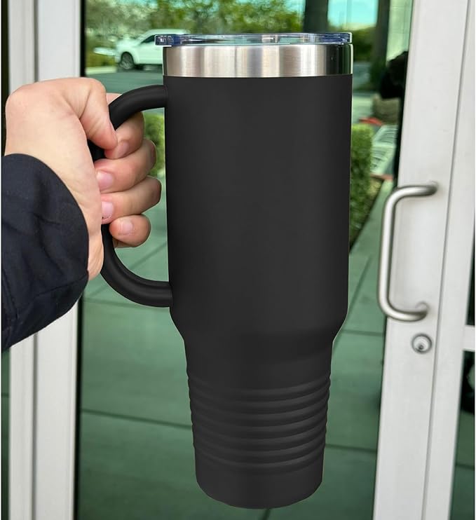 LaserGram 40oz Vacuum Insulated Travel Mug with Handle, Tiki Statue, Personalized Engraving Included (Black)