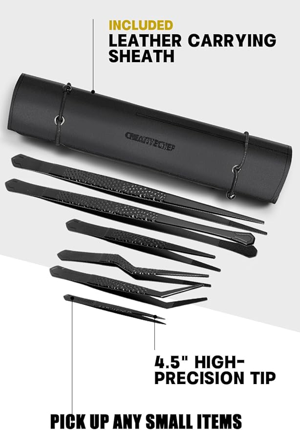 CREATIVECHEF Professional Kitchen Tongs Set - 10-inch Straight and 6.5-inch Offset Food tweezers with 4.5-inch Mini cooking tweezer，High-Hardness Titanium Chef's Tongs for Food Plating，Garnishing