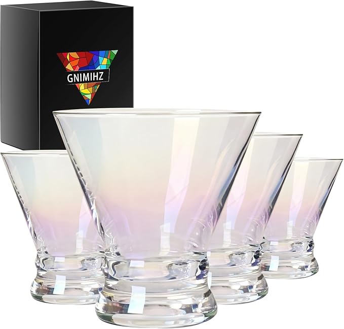 Iridescent Martini Glasses Set of 4 - Crystal Cocktail Glasses, Stemless Martini Glass for Bar, Martini, Cosmopolitan, Manhattan, Pisco Sour Brandy, Margarita Glasses, Dessert Cups, 8oz