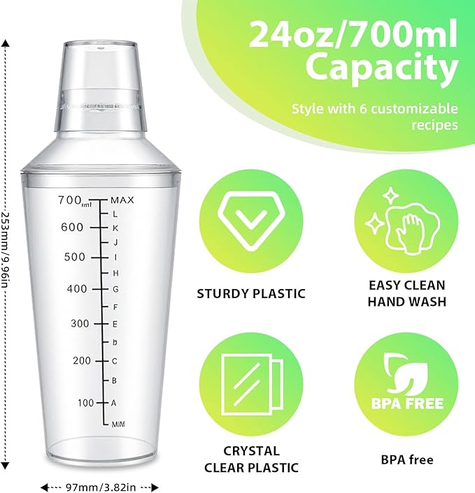Plastic Boston Cocktail Shaker Set, 6 Pack 24oz Shatterproof Bartender Kit with Built-in Strainer Lids, Travel Bar Tools for Beginners, Mixing Martinis, Margaritas (700ML-A, 6 pack)