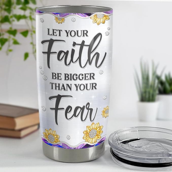 SANDJEST Christian Tumbler 20oz Faith Be Bigger Than Fear Tumblers Cup Coffee Travel Mug Inspirational Religious Gifts for Women Gift for Birthday Christmas