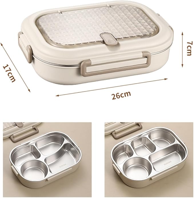 Bento Box Adult Lunch Box 304 Stainless Steel Portable Leakproof Lunch Food with Chopsticks Spoon Soup Bowl Large Capacity Sealed 1500ML (White-4 Compartments, 10.23IN*6.69IN*2.76IN)