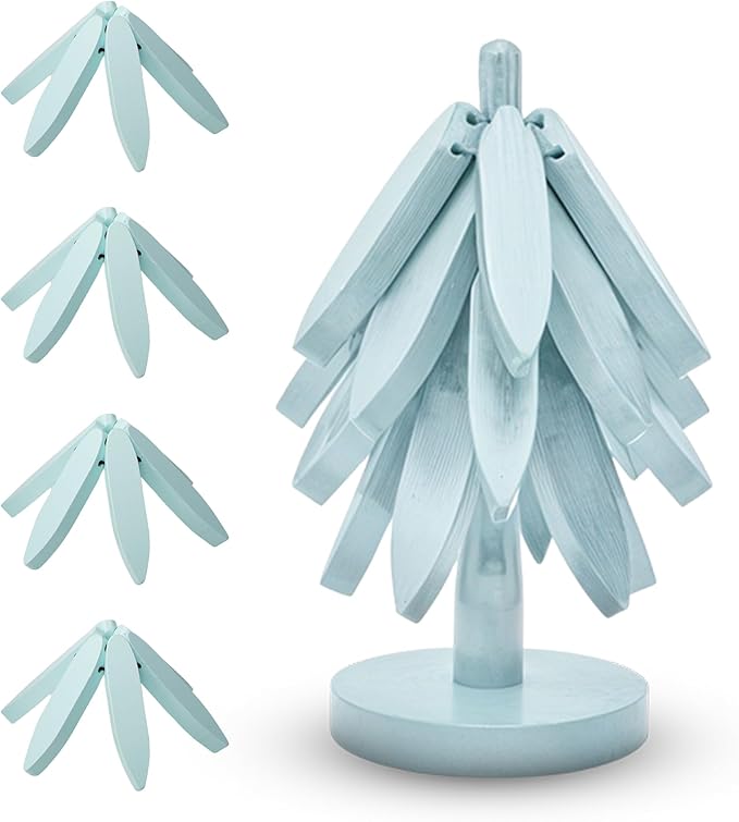 Wooden trivets for hot Dishes – 4 Tree-Shaped Coasters & 1 Stand for Hot Pots, Dishes | Heat-Resistant, Space-Saving Pot Rest & Cozy Kitchen Decor, Tree Trivets for Counter + Special Bonus (Sky Blue)