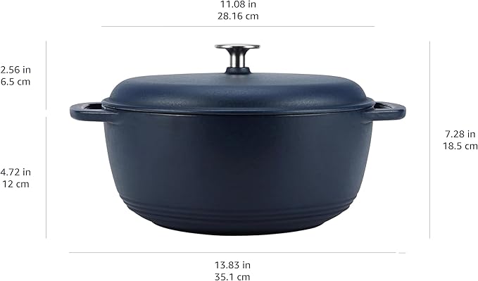 Amazon Basics Cast Iron Dutch Oven Pot with Lid, Enameled, Round, Dual Handles, Heavy-Duty, Medium, 6-Quart, Matte Navy