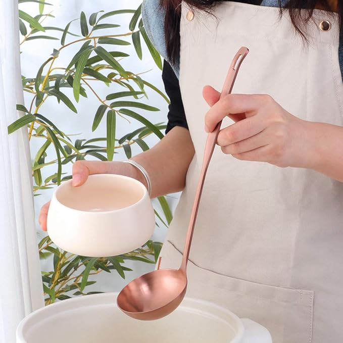 Buyer Star 2 Pcs Soup Ladle Spoons, Rose Gold Cookware Serving Long Handle Steel Slotted Spoon Cooking Utensil Set for Hotpot